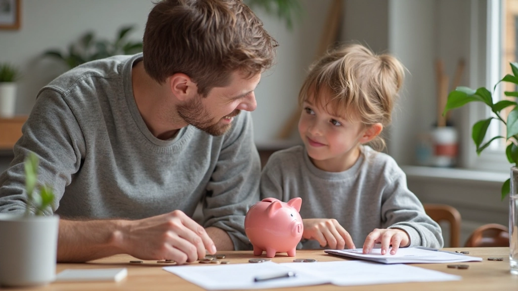 Vader en dochter bespreken spaarplan met piggy bank op tafel