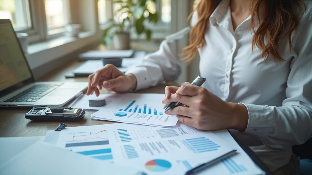 Professioneel kantoorbureauinrichting met financiële grafieken en notities