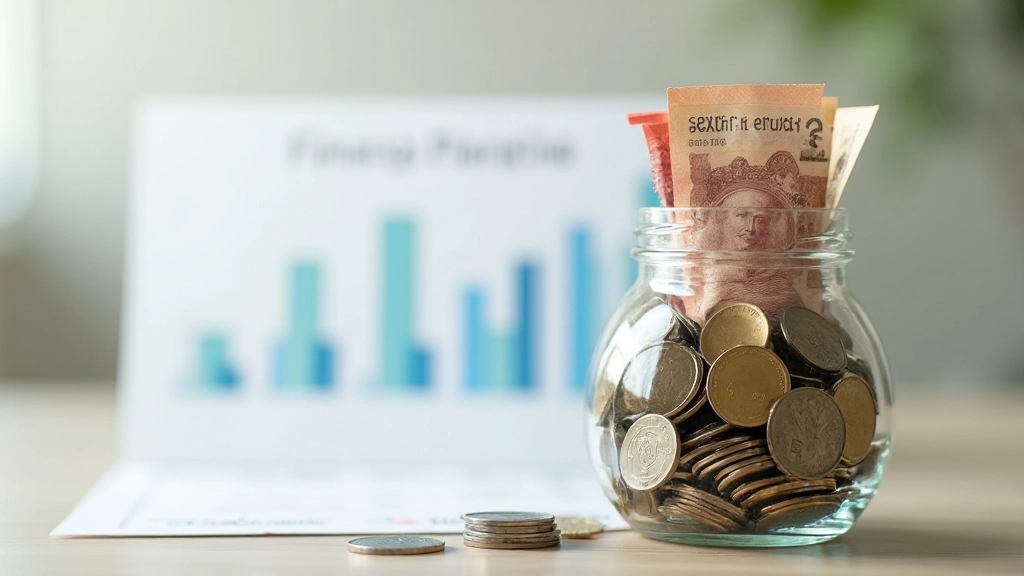 Geldmunten en briefjes in glazen pot met spaarplan schema op achtergrond