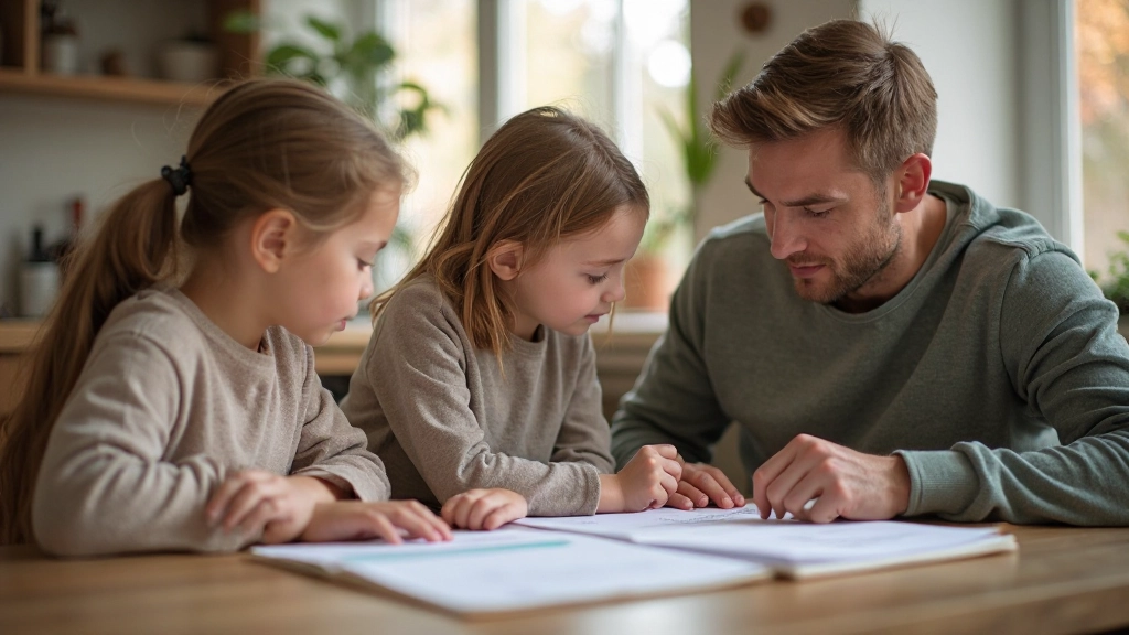 Gezin zit samen aan tafel met budget planner en financiële documenten