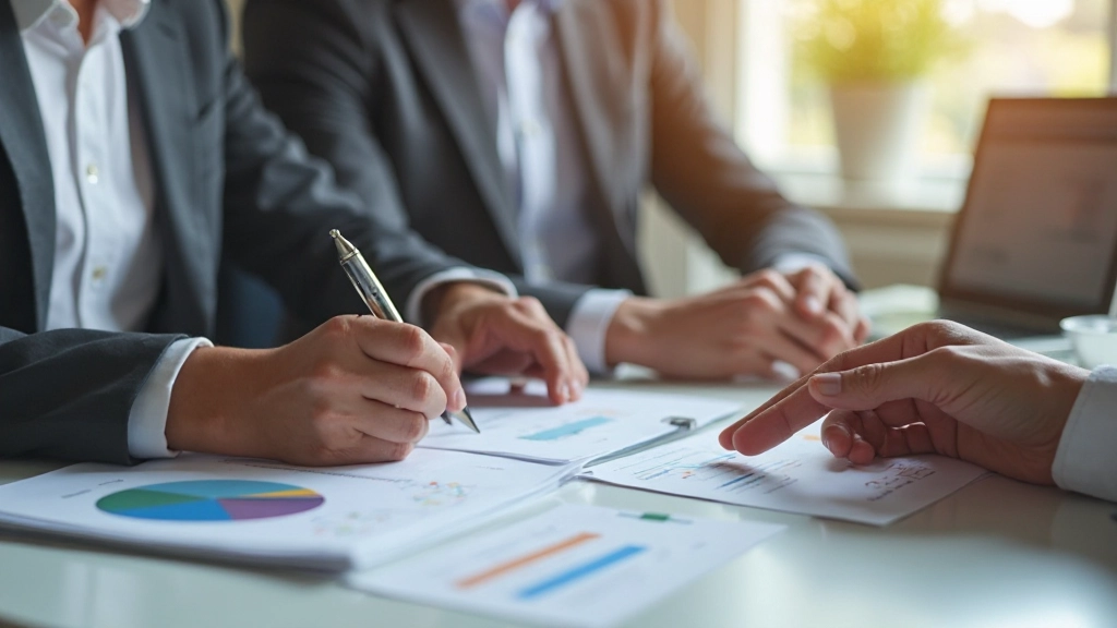 Professionele financiële adviseur bespreekt beleggingsportfolio met klant aan modern bureau