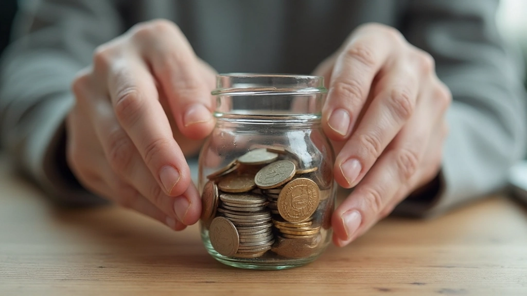 Close-up van handen die munten in een glazen pot doen voor sparen