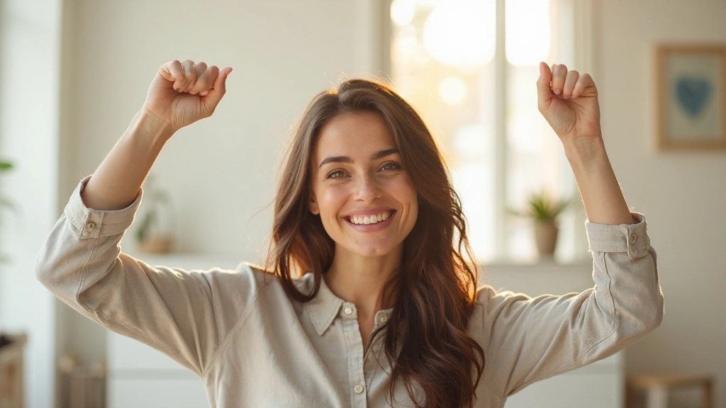 Gelukkige volwassene die financiële vrijheid viert met arm omhoog