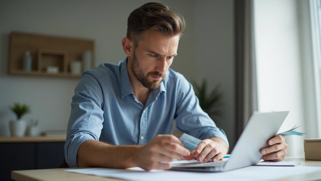 Jonge professional die creditcards analyseert en financiële schuld beheerst