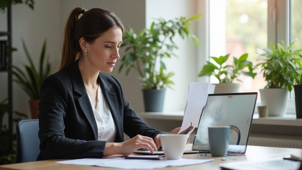 Professionele thuiskantoor setup met budgetplanner en koffiekopje